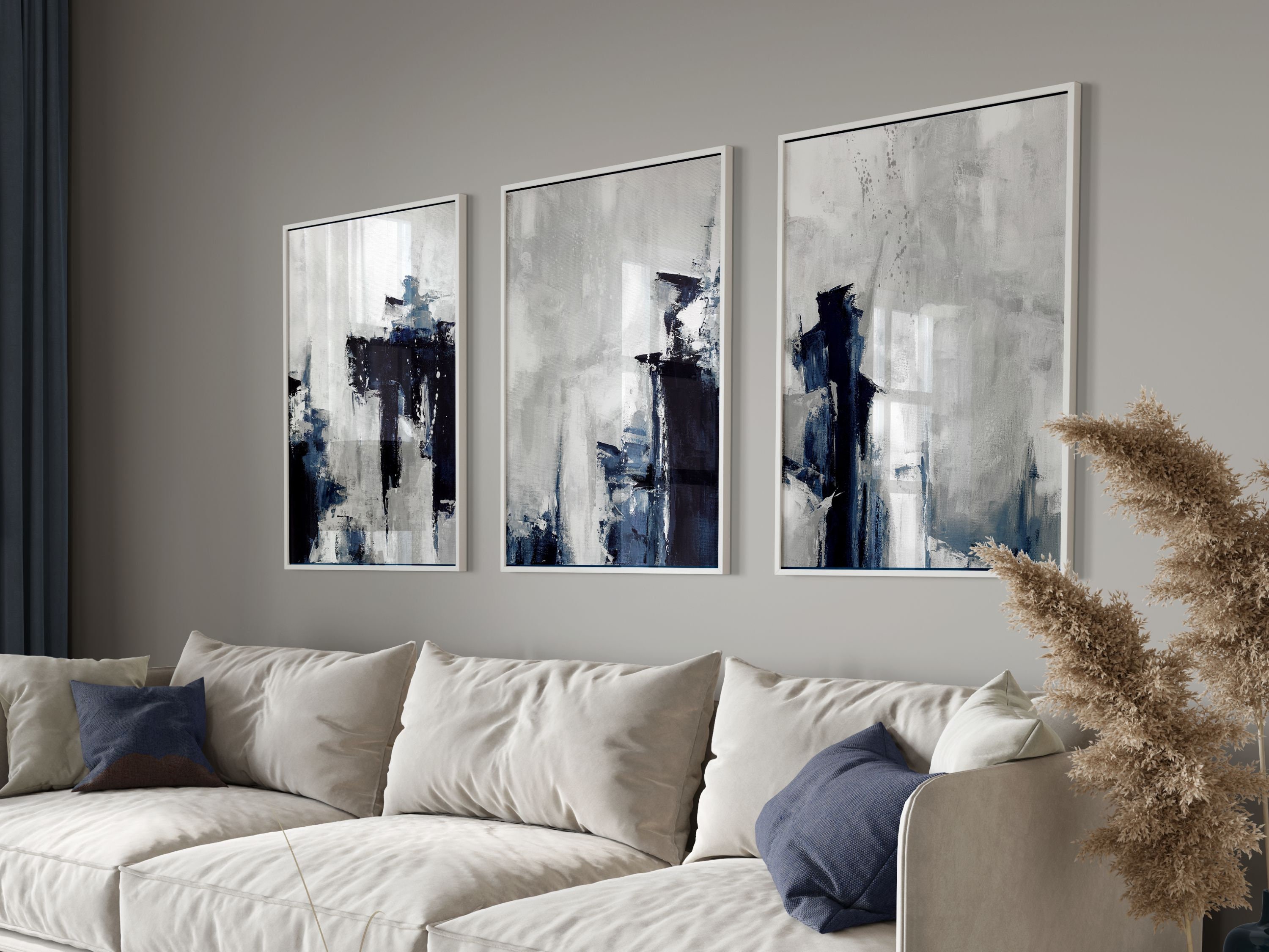 Blue Abstract Wall Art Prints, Set of 3 Prints, Navy Blue, Grey, Living ...