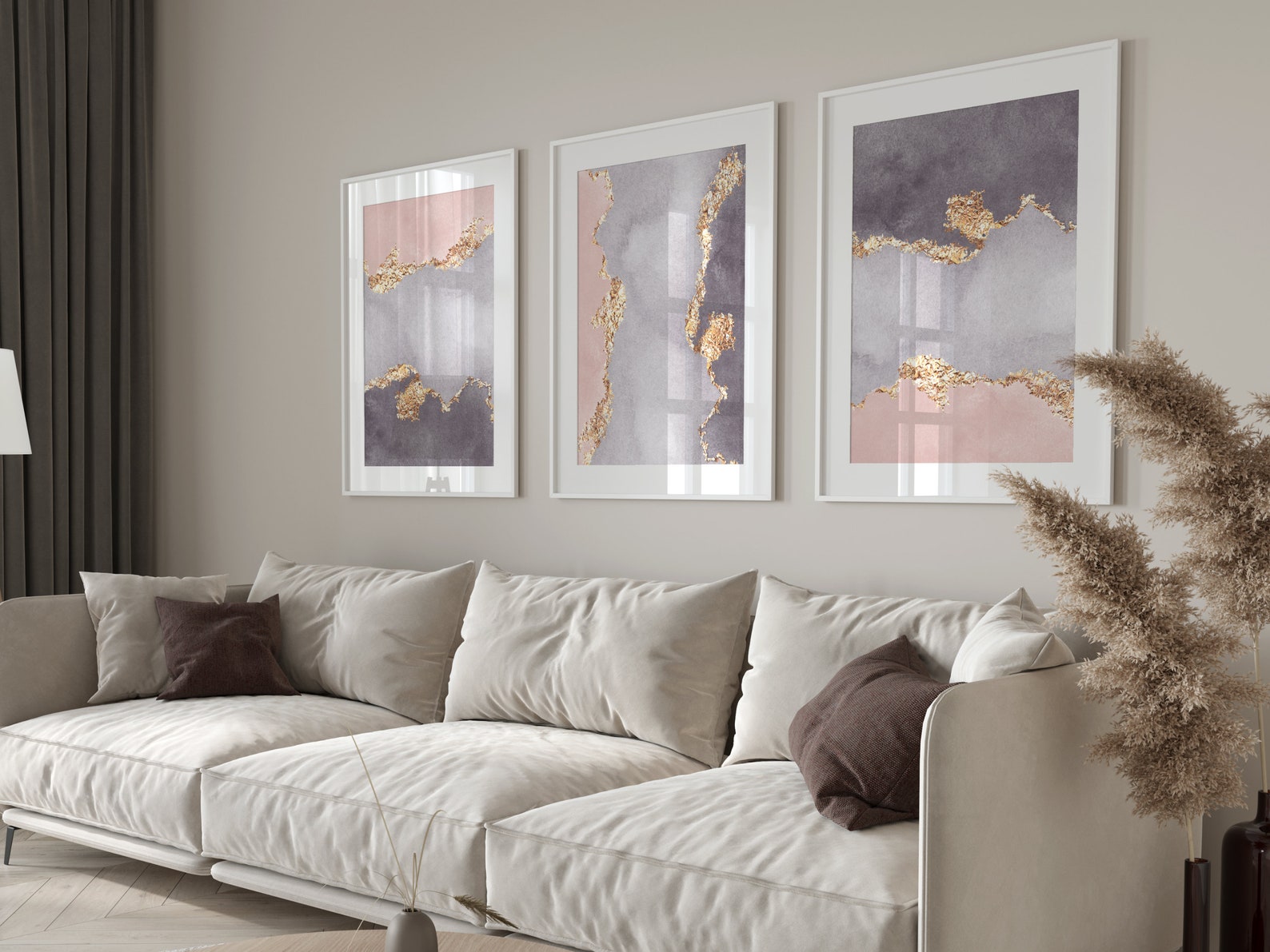 Pink and Grey Wall Art Set of 3 Prints Gold Wall Art Etsy UK