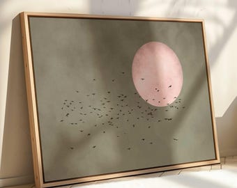 Olive Green Moon Canvas Art, Framed Flock of Birds Print, Pink Moon Art, Horizontal Sky Art, Large Minimalist Living Room Decor, Sage Decor