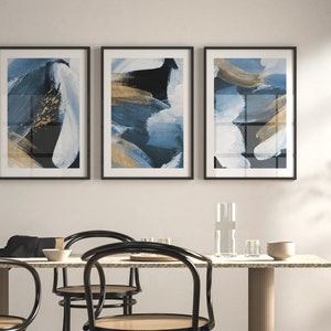 Blue and Gold Set of 3 Prints · Abstract Art, Gallery Wall Set, Wabi Sabi Wall Art, Japandi Decor, Living Room Wall Decor, Home Decor Poster