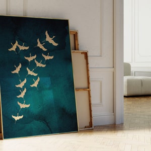 Art mural japonais bleu sarcelle, impression japonaise grues volantes, déco vert paon, art mural maximaliste, décoration éclectique, grande art mural, oiseaux