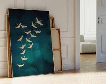 Teal Gold Japanese Wall Art, Flying Cranes Japanese Print, Peacock Green Decor, Maximalist Wall Art, Eclectic Decor, Large Wall Art, Birds