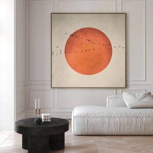 Blood Moon Japandi Canvas Wall Art, Framed Flock of Birds Print, Burnt Orange Decor, Japanese Sun Art, Large Living Room Decor, Oriental Art