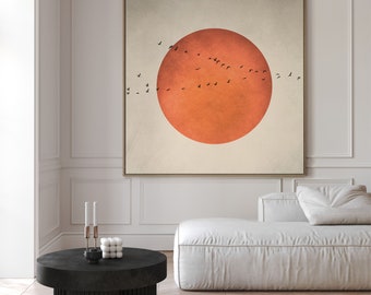 Blood Moon Japandi Canvas Wall Art, Framed Flock of Birds Print, Burnt Orange Decor, Japanese Sun Art, Large Living Room Decor, Oriental Art