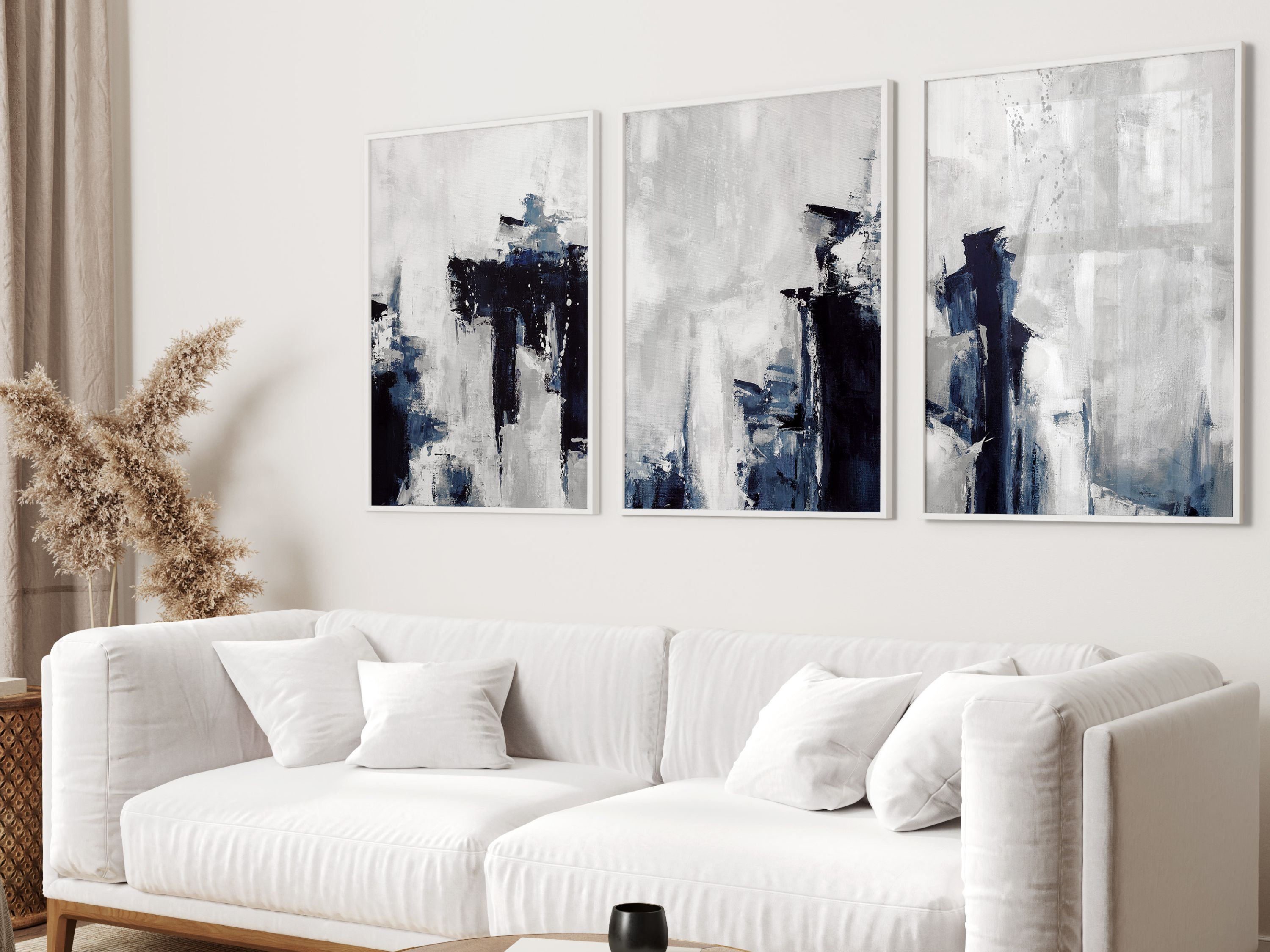 Blue Abstract Wall Art Prints, Set of 3 Prints, Navy Blue, Grey, Living ...