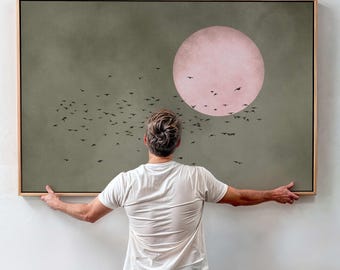Olive Green Moon Canvas Art, Framed Flock of Birds Print, Pink Moon Art, Horizontal Sky Art, Large Minimalist Living Room Decor, Sage Decor
