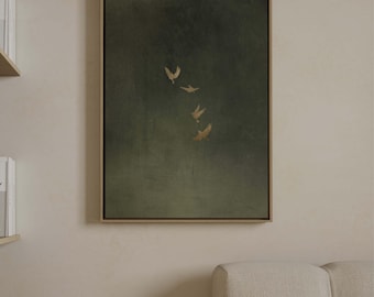 Olive Green Birds Canvas Wall Art, Floating Framed Art, Earthy Tone Artwork, Large Living Room Decor, Minimalist Flying Flock of Birds