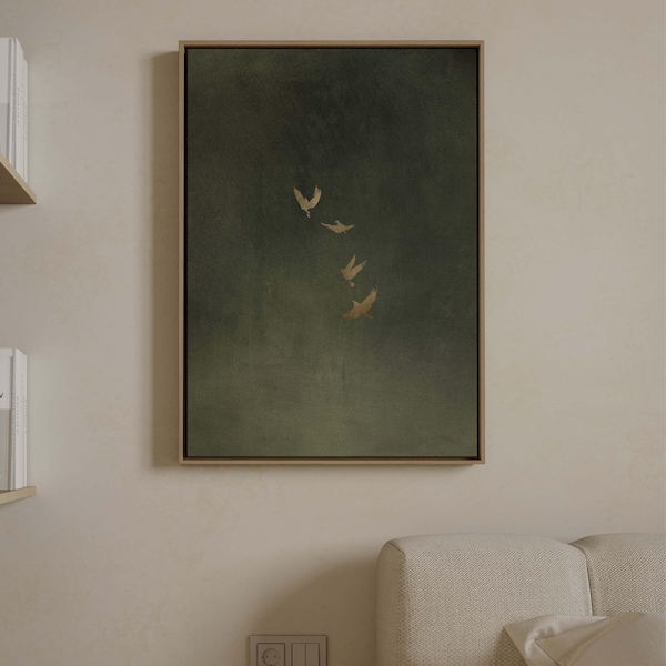Olive Green Birds Canvas Wall Art, Floating Framed Art, Earthy Tone Artwork, Large Living Room Decor, Minimalist Flying Flock of Birds