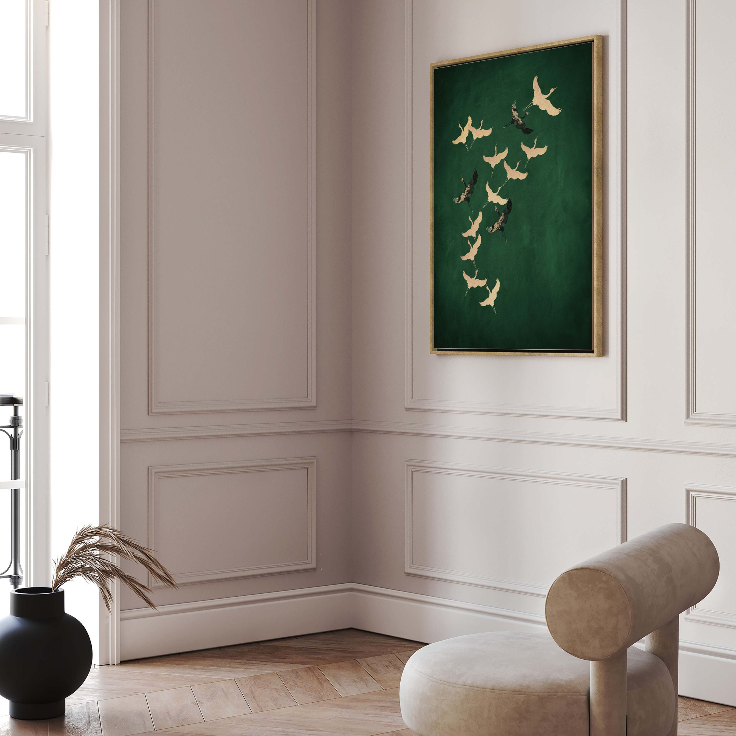 Emerald Green Cranes Canvas Wall Art, Large Framed Art Print