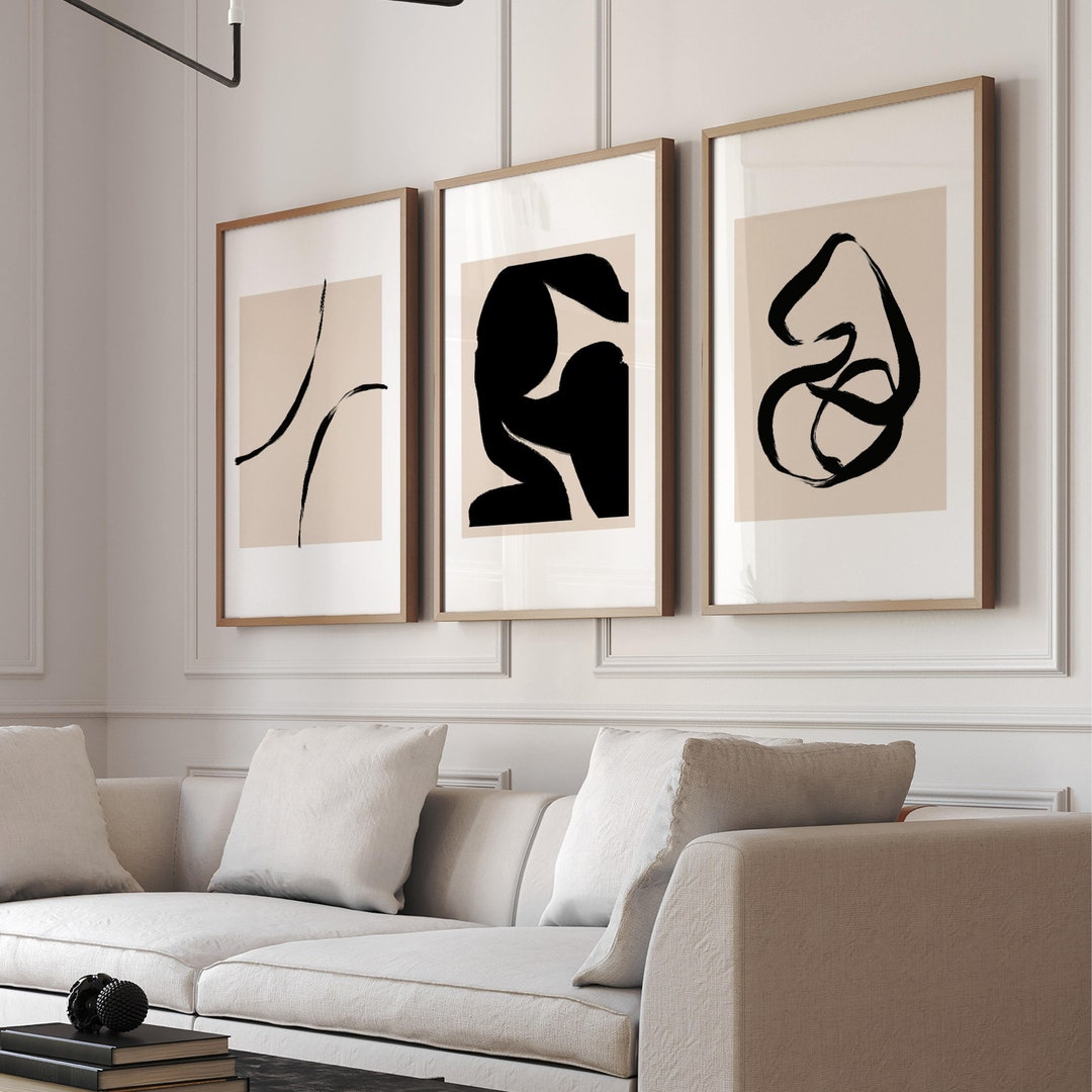 Neutral Abstract Wall Art Prints, Black and Beige Decor, Large Living ...