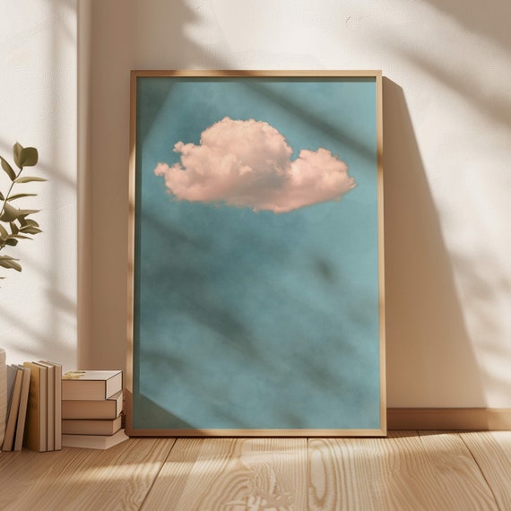 Sky Blue Cloud Wall Art Print, Blush Pink Decor, Poster, Abstract Art, Minimalist Decor, Large Living Room Decor, Calming Bedroom Zen Art