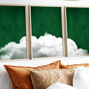 Arte da parete nuvola verde smeraldo, set di 3 stampe, arredamento verde smeraldo, sopra l'arredamento del letto, arredamento della camera da letto, poster nuvola, arte della parete minimalista