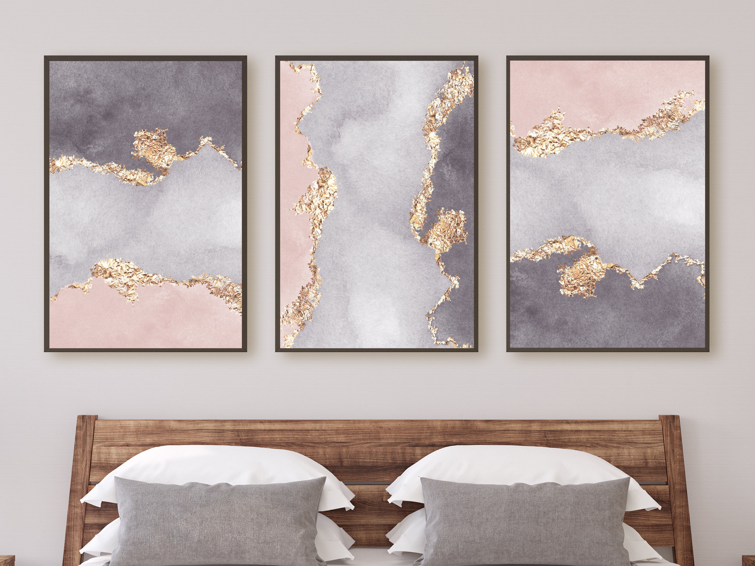Pink and Grey Wall Art Set of 3 Prints Gold Wall Art Etsy UK