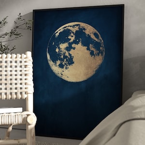 Blue and Gold Moon Wall Art Print, Dark Blue Indigo, Moon Poster, Celestial, Lunar, Living Room Decor, Bedroom, Above Bed, Minimalist, Large