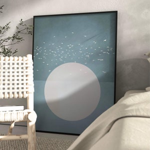 Stampa artistica da parete Japandi Blue Flying Birds, sole, arte Japandi, arte astratta, decorazione per soggiorno, grande, arte murale giapponese, gregge, decorazione per camera da letto