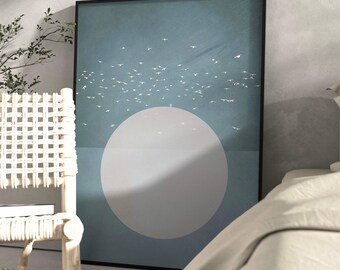 Japandi Blue Flying Birds Wall Art Print, Sun, Japandi Art, Abstract Art, Living Room Decor, Large, Japanese Wall Art, Flock, Bedroom Decor