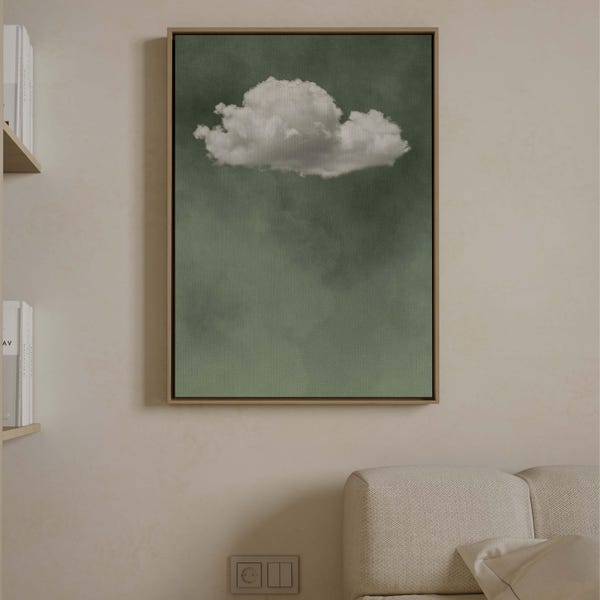 Sage Green Cloud Canvas Wall Art, Framed Beige Wall Art, Extra Large Wall Art, Surreal Abstract Painting, Minimalist Living Room Decor, Zen