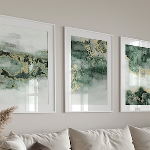 Emerald Green And Gold Abstract Art · Set of 3 Prints · Watercolour Painting · Emerald Green Decor · Gold Wall Art · Minimalist Wall Art A2