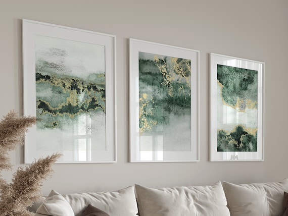 Emerald Green and Gold Abstract Art · Set of 3 Prints