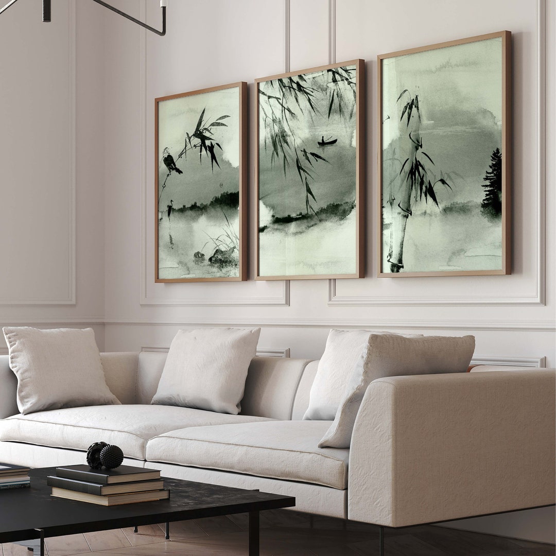 Japanese Wall Art Print, Sage Green Decor, Set of 3 Prints, Japandi Art