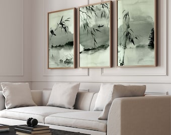 May include: Three framed black and white ink paintings with a green background. The paintings depict bamboo, birds, and a boat on a lake.