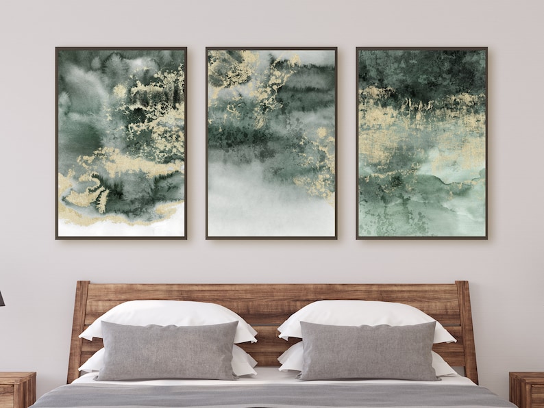 Green and Gold Wall Art Set of 3 Gallery Wall Set Modern Etsy