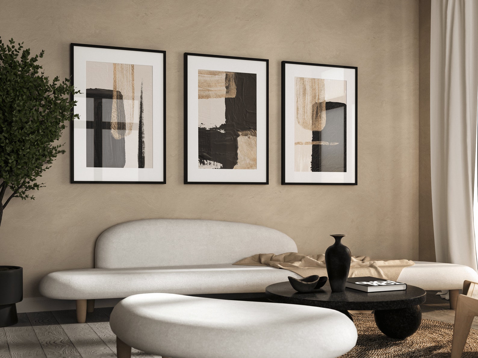 Black and Gold Wall Art Set of 3 Prints Beige Wall Art Etsy