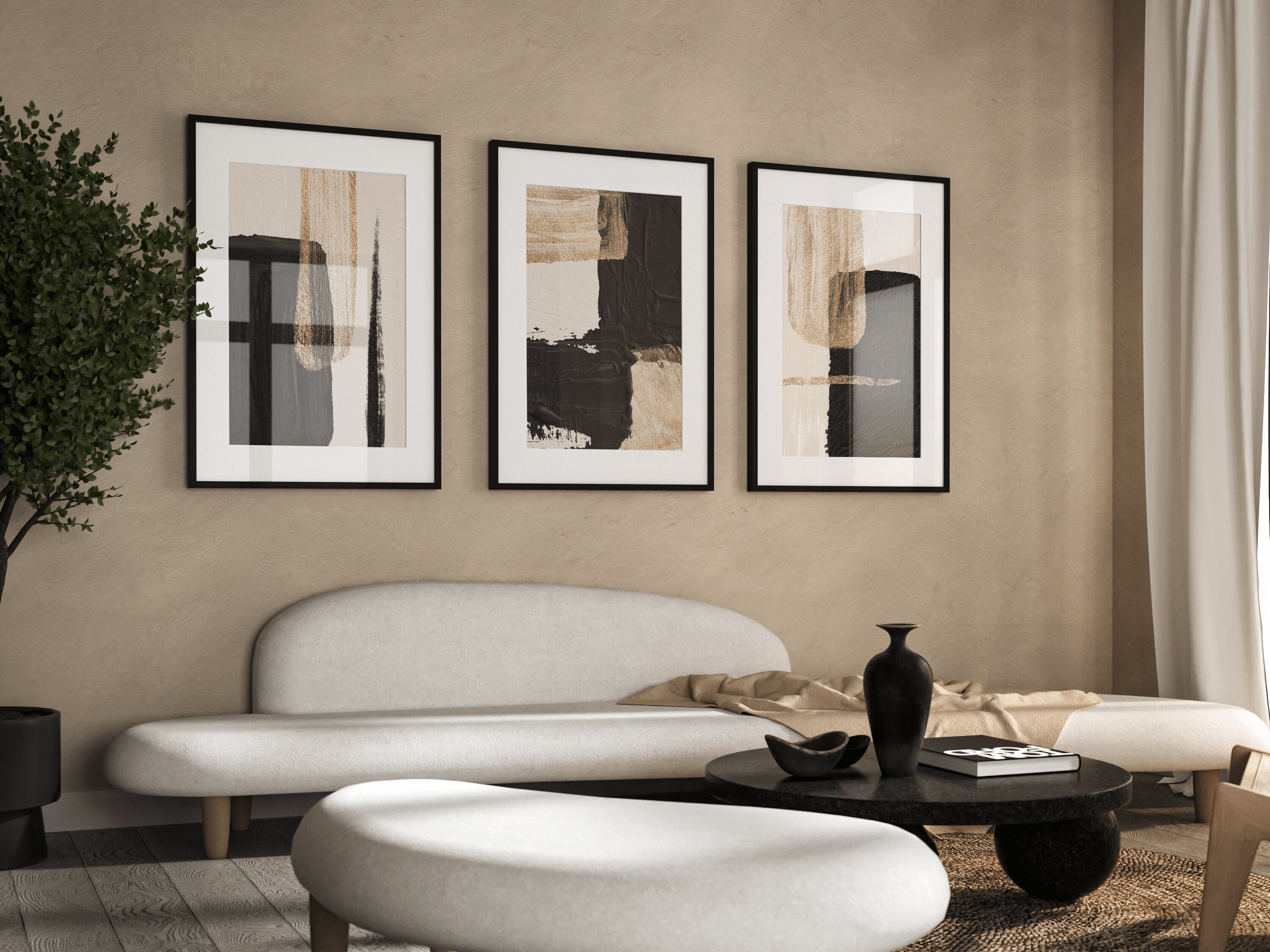 Black and Gold Wall Art Set of 3 Prints Beige Wall Art - Etsy