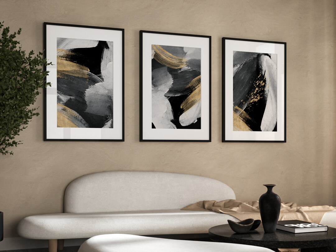 Black and Gold Set of 3 Prints, Abstract Art, Gallery Wall Set, Wabi ...