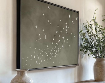 Canvaskunst Wabi Sabi-vogels, saliegroen ingelijste print, horizontale luchtkunst, grote minimalistische slaapkamerdecor, decor boven het bed, kunst boven het bed
