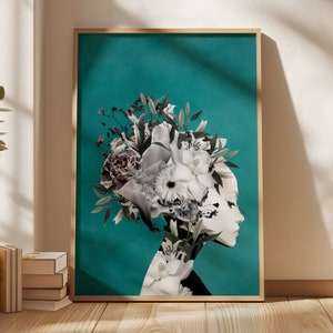 Teal Colourful Wall Art, Flower Head Woman, Botanical Print, Floral Poster, Maximalist, Living Room, Large Wall Art, Framed Art, Turquoise