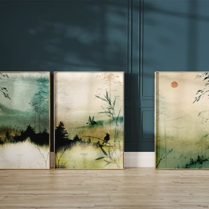 Japanese Wall Art Set of 3 Prints · PRINTABLE WALL ART · Gallery Wall Set · Japandi Decor, Japanese Decor Landscape, Green Wall Art, Digital