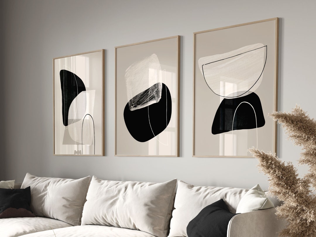 Beige and Black Abstract Set of 3 Prints, Mid Century Modern Wall Art ...