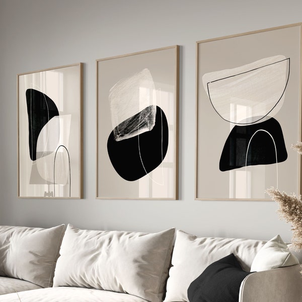 Ensemble abstrait beige et noir de 3 tirages, art mural moderne du milieu du siècle, art abstrait neutre, ensemble mural de galerie, décor de salon, formes