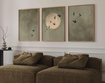 Sage Green Flying Birds Wall Art, Set of 3 Prints, Japandi Wall Art, Abstract Moon Art, Large Living Room Decor, Olive Green Bedroom Decor