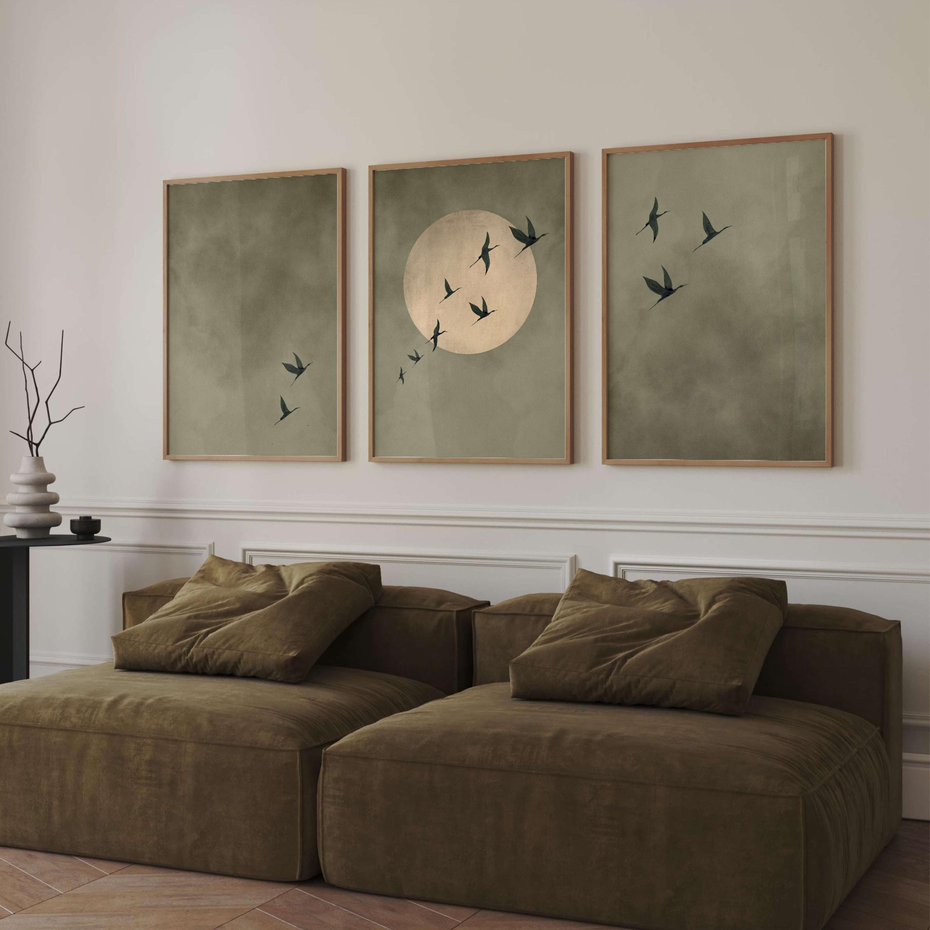 Sage Green Flying Birds Wall Art, Set of 3 Prints, Japandi Wall