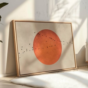 オレンジ色の太陽のキャンバス壁アートプリント、飛んでいる鳥の額入りアート、ミニマリスト、大きなリビングルームの装飾、横長アート、ジャパニーズインテリア、夕焼けアート