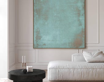 Minimalist Turquoise Canvas Wall Art, Square Print, Distressed Abstract Art, Aqua Art, Extra Large Living Room Decor, Framed Wall Art