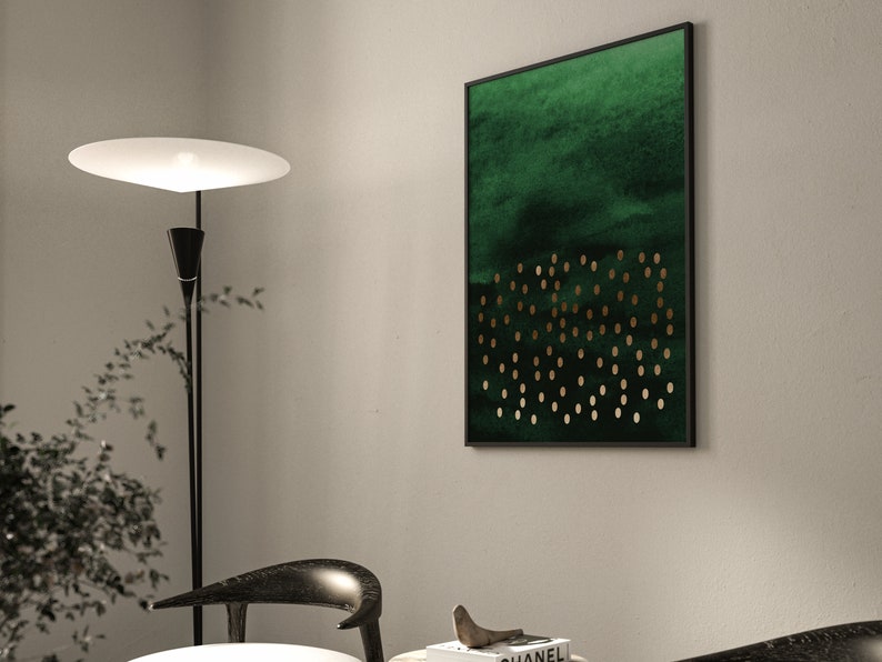 Emerald Green and Gold Wall Art Print, Abstract Art, Emerald Green Decor, Maximalist Decor, Living Room, Modern Minimalist, Watercolour image 7