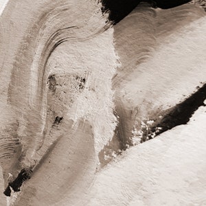 May include: Abstract painting with brown and black paint strokes on a white background.