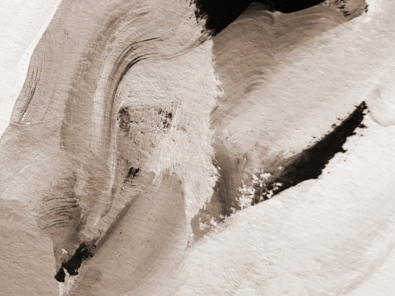 May include: Abstract painting with brown and black paint strokes on a white background.