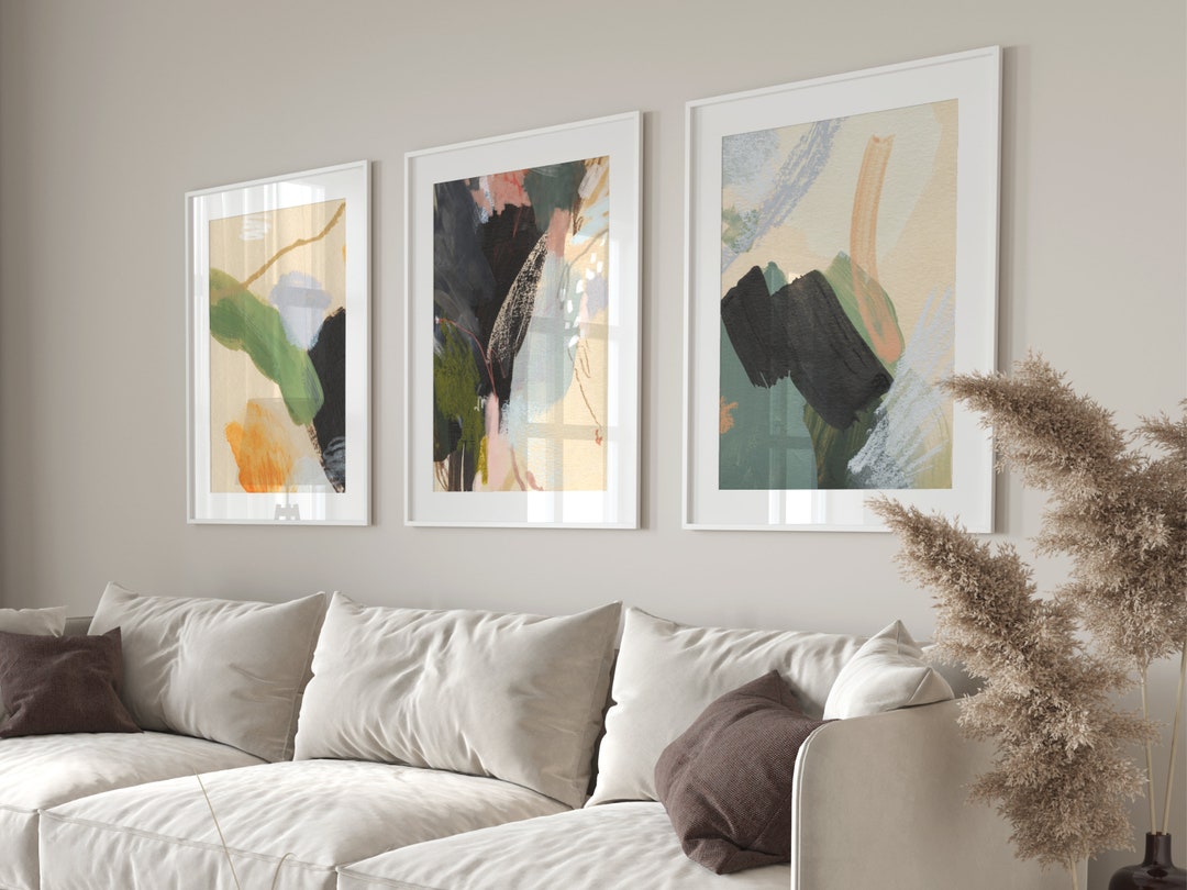 Blush Pink and Green Abstract Art Set of 3 Prints pastel Room Decor