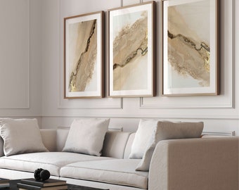 Gold Abstrakte Wand Kunst Drucke, 3er Set Drucke, Neutrale Wandkunst, Beige, Modern, Wohnzimmer Dekor, Groß, Minimalistisch, Gemälde