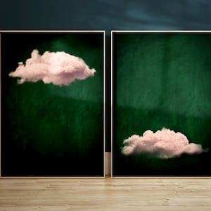 Green and Pink Cloud Wall Art, Set of 2 Prints, Emerald Green Decor, Blush, Abstract Art, Minimalist Wall Art, Maximalist, Dark Green, Large