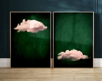 Grün und Rosa Wolke Wandkunst, Set von 2 Prints, Smaragdgrün Dekor, Blush, abstrakte Kunst, Minimalistische Wandkunst, Maximalist, dunkelgrün, groß