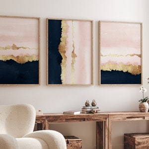 Navy Pink and Gold Wall Art · Set of 3 Prints · Blush Wall Art · Abstract Art · Minimalist Wall Art · Gallery Wall Set · Living Room Decor