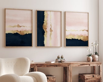 Navy Pink and Gold Wall Art · Set of 3 Prints · Blush Wall Art · Abstract Art · Minimalist Wall Art · Gallery Wall Set · Living Room Decor