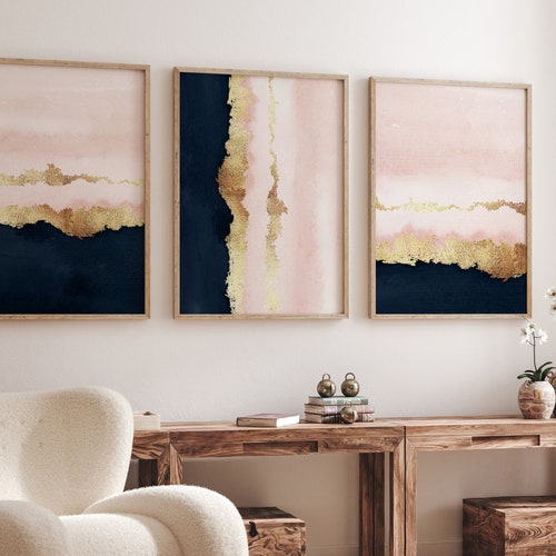 Navy Pink and Gold Wall Art Set of 3 Prints Blush Wall Art Etsy