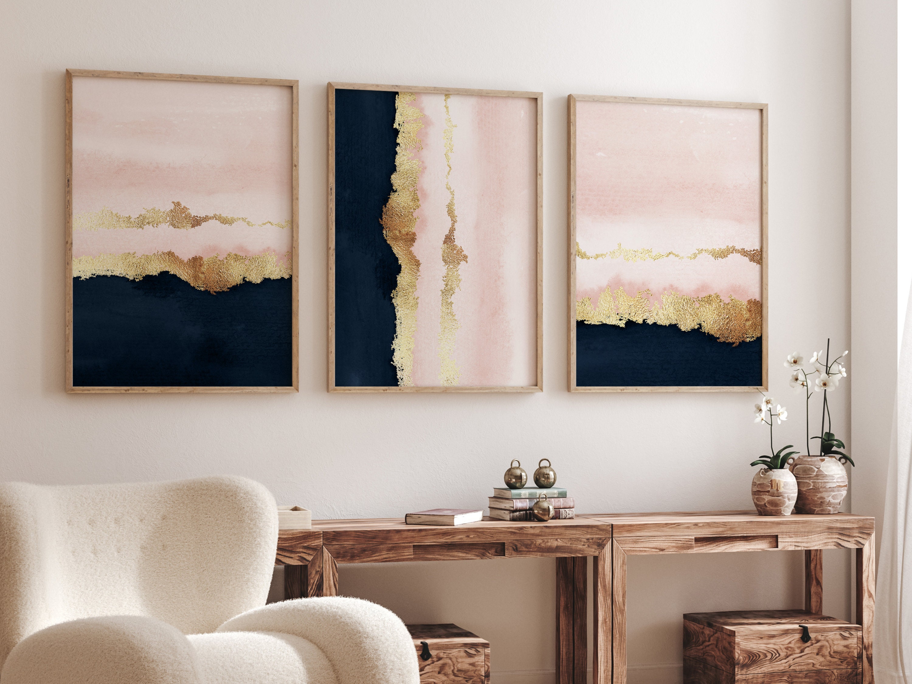Navy Pink and Gold Wall Art · Set of 3 Prints · Blush Wall Art · Abstract  Art · Minimalist Wall Art · Gallery Wall Set · Living Room Decor