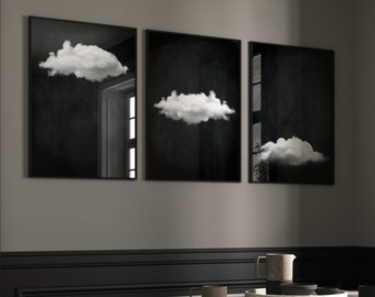 Black Cloud Set of 3 Prints · Black and White Wall Art · Gallery Wall Set · Minimalist Wall Art, Living Room Decor, Bedroom Decor, Surreal